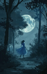 A lady in blue dress walks in the woods and is under the full moon, in the style of ethereal brushstrokes, dark white and dark gray