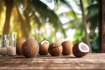 Poster - A photo of young coconuts an wooden table with a tiki beach bar blurred background Generative AI