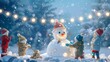 © Sasint - A winter wonderland scene with kids building a snowman under twinkling stars