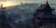© Ross - Stunning panoramic view of a medieval village at sunrise with misty atmosphere, old wooden buildings, and surrounding forest