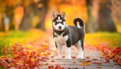 Wall Mural - black and white husky puppy standing on a path, autumn , bokeh