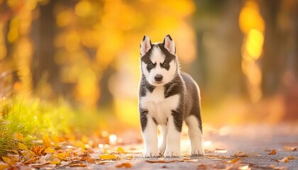 Wall Mural - black and white husky puppy standing on a path, autumn , bokeh