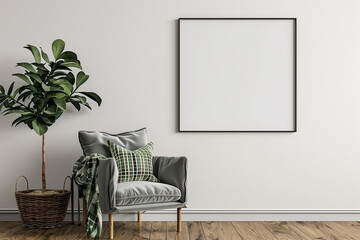 Canvas Print - Poster mockup with square frame on empty white wall in living room interior with gray velvet armchair round pillow with tropical pattern green plaid and plant in basket. 3D rendering.