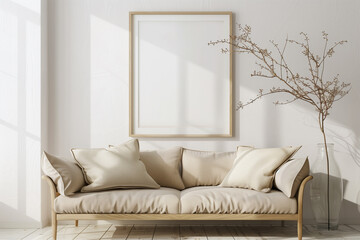 Sticker - Poster mockup with vertical frame standing on floor in living room interior with sofa beige pillow and branch in glass vase on empty white wall background. 3D rendering illustration.