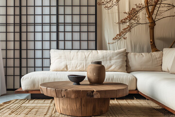 Wall Mural - Round coffee table near fabric sofa against beige wall with copy space and black grid window. Japandi boho style interior design of modern living room home.