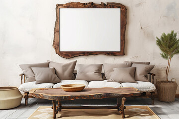 Wall Mural - Rustic sofa and live edge coffee table against beige wall with big empty mock up poster frame. Scandinavian home interior design of modern living room in farmhouse.