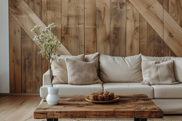 Wall Mural - Rustic wooden coffee table near beige sofa against brown wall with poster frame. Scandinavian interior design of modern living room home.