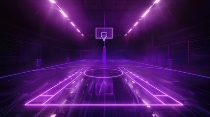 Wall Mural - Neon purple basketball court with spotlight and digital elements. Dark background, cyberpunk style. wide angle lens natural lighting
