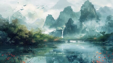 A depiction of nature reminiscent of Chinese ancient artwork.