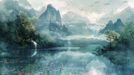 A portrayal of nature inspired by Chinese ancient painting styles.