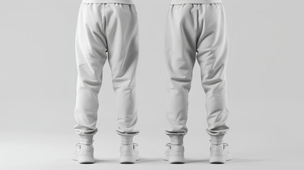 2 Set of white and light grey gray, front back view sweatpants jogger sports trousers bottom pants on white background. Mockup template for artwork design