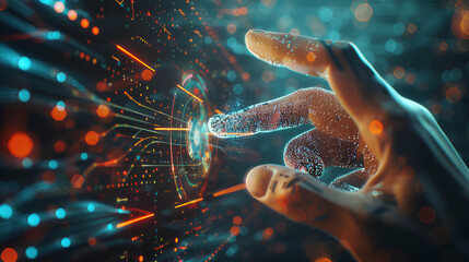 Wall Mural - digital technology, internet network connection concept. finger touching on virtual screen with futu