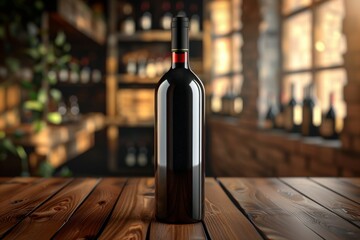 Canvas Print - A bottle of red wine is sitting on a wooden table in a dimly lit room