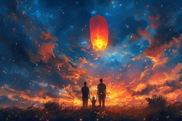 Wall Mural - View from behind of a gay couple and their son releasing a rainbow paper lantern, simple and elegant 2D vector digital art