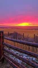 Wall Mural - Stunning Sunrise with Vibrant Pink and Purple Skies Over a Snow-Covered Wooden Fence