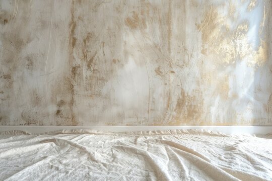 Paper wallpaper on the walls of beige house with a scratch pattern. Abstract background, pastel cream, soft wrinkled pattern with golden faded lines on luxury bedroom in hotel - generative ai
