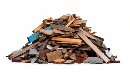 A pile of wood and other debris is piled up on a white background
