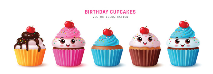 Birthday cupcake characters vector set design. Birthday cup cake character, muffin sweets collection in strawberry, blueberry and chocolate flavors in isolated background. Vector illustration birthday