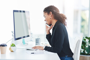 Woman, phone call and computer mockup on screen for booking confirmation, contact us or typing. Female person, professional and assistant schedule for meeting or online website, networking or notes