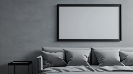 Wall Mural - A bedroom wall mockup with a black frame above a gray bed with a minimalist design, set against a matching gray wall.