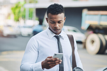 Aufkleber - Businessman, cellphone and texting or city commute or work travel or downtown, communication or corporate. Male person, smartphone and insurance broker or networking on digital app, internet or trip