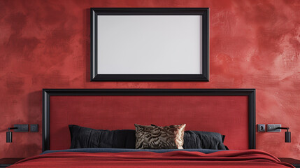 Wall Mural - A bedroom wall mockup with a black frame above a red bed with a contemporary headboard design, set against a red wall.