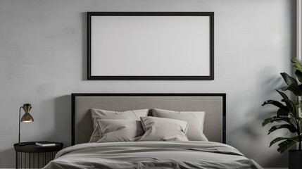 Wall Mural - A bedroom wall mockup with a black frame above a gray bed with an adjustable headboard, blending with the gray wall.