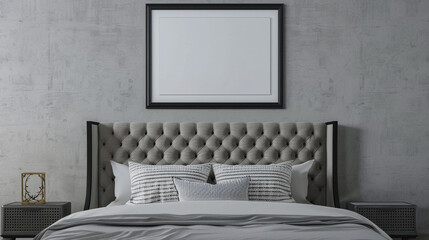 Wall Mural - A bedroom wall mockup with a black frame above a gray bed with an upholstered headboard, set against a gray wall.