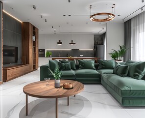 Modern living room interior with a white floor and wooden table