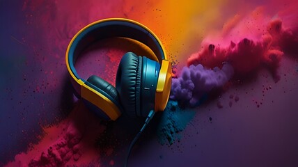 Headphone and vivid color powder. Creative music and festival concept