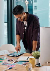 Leinwandbilder - Tablet, research and man in office for graphic design, planning and online project notes at agency. Digital app, internet and creative ideas for website with technology, software and designer at desk