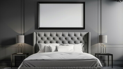 Wall Mural - A bedroom wall mockup with a black frame above a gray bed with a tufted headboard, set against a gray accent wall.