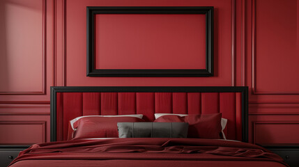 Wall Mural - A bedroom wall mockup with a black frame above a red bed with a panel headboard, harmonizing with the red wall.