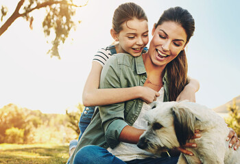 Wall Mural - Outdoor, mother and girl with dog, smile and sunshine with weekend break, happiness and countryside. Family, park or mama with daughter, animal or pet with lens flare, care or summer with play or fun