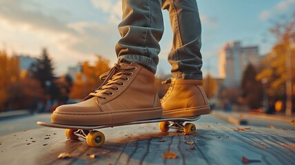 Casual outfit with modern footwear and skater board nearby