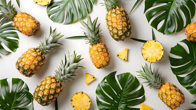 A flat lay composition of pineapples and tropical leaves on a white background, showcasing the juicy fruit's texture and natural beauty.
