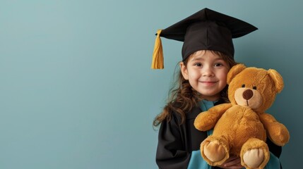 Faceless child in a graduation cap and gown holding a stuffed animal on a minimal light blue background