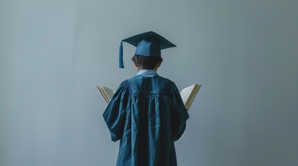 Wall Mural - Faceless child in a graduation gown holding a book open on a minimal light gray background