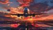 © Wararat - A passenger plane lifting off from the runway at an airport during sunset, the vibrant colors of the setting sun enhancing the drama of the take-off.