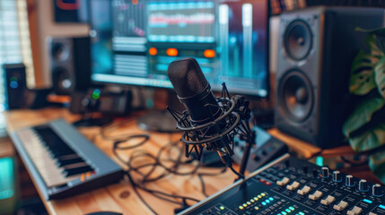 Design a sleek professional podcast studio setup featuring a high-quality microphone, a versatile audio mixer and two high-definition monitors, perfect for top-tier audio recording.