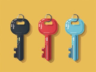 Colorful illustration of three vertical keys on yellow background. Black, red, and blue keys displayed in a minimalist vector graphic style.