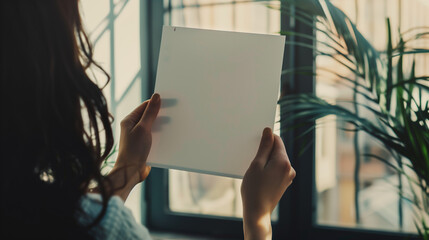 Wall Mural - a woman's hand is holding a blank white paper, the background is slightly blurred giving full focus to the paper. Ai Generated Images