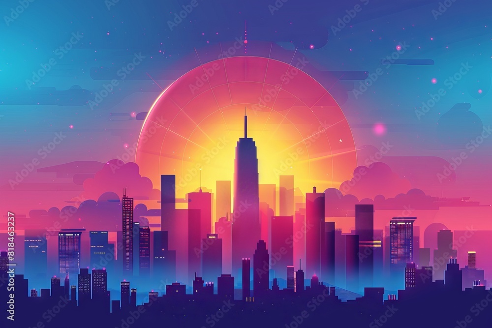 Stunning digital artwork of a vibrant city skyline at sunset. A glowing ...