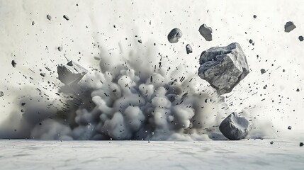 Wall Mural - flying rock debris on abstract white powder explosion background 3d rendering illustration