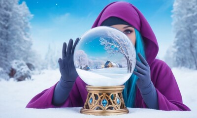 Wall Mural - A woman in a purple hoodie is holding a crystal ball in the snow