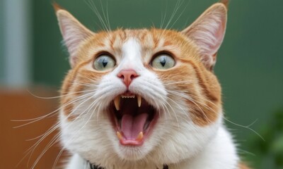 A cat with its mouth open and teeth showing, looking surprised