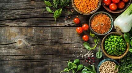 an overhead shot of a nutritious plant-based meal with fresh vegetables, grains, and legumes on a ru