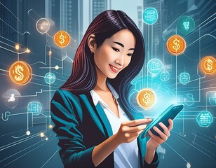 Wall Mural - Online banking, internet payment, e-transaction, financial technology concept. Woman using mobile phone for e-payment via mobile banking with financial technology, e-wallet and currency exchange