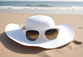  A white sun hat and sunglasses on a sandy beach with the ocean and blue sky in the background