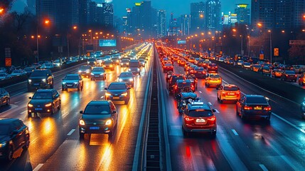 Wall Mural - high speed urban traffic on a city highway during evening rush hour car headlights and busy night transport captured by motion blur lighting effect and abstract long exposure.stock immage